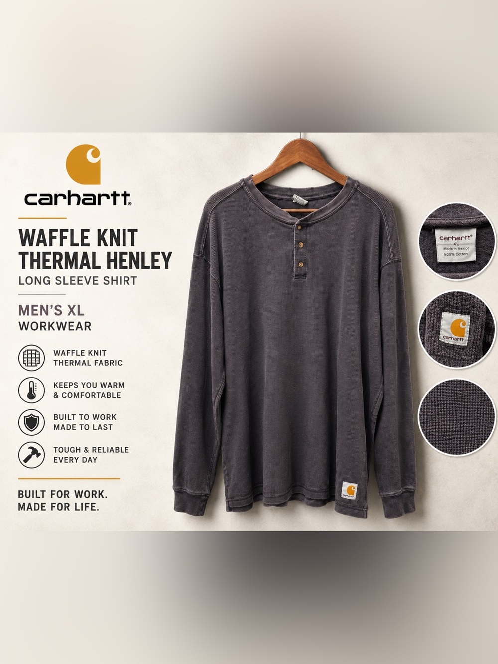 Title: Carhartt Waffle Knit Thermal Henley Long Sleeve Shirt Men’s XL Workwear